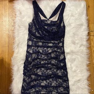 Navy Blue Ruched Lace Dress